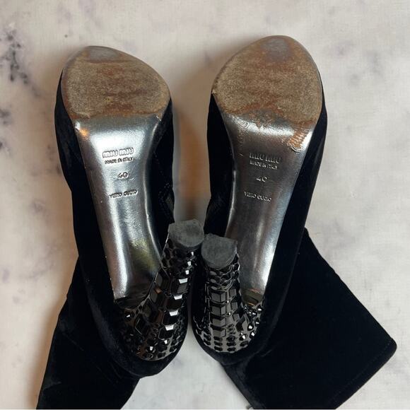 Miu Miu Black Velvet Crystal Embellished Ankle Boots Stiletto Heel Zip Booties - Picture 7 of 12